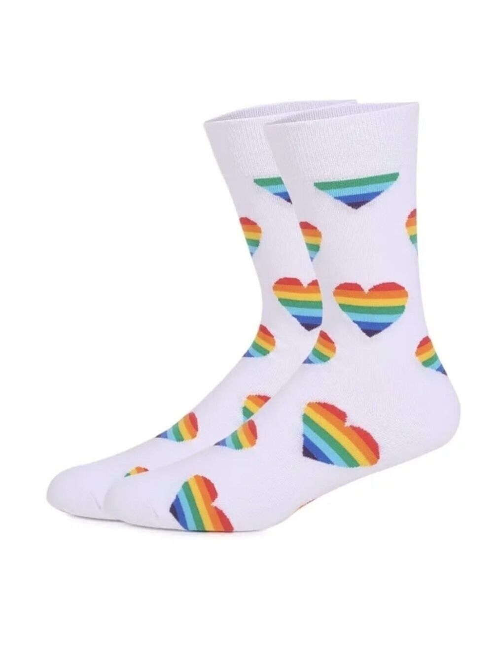 🌈Socks--Rainbow Hearts on White, Men's crew